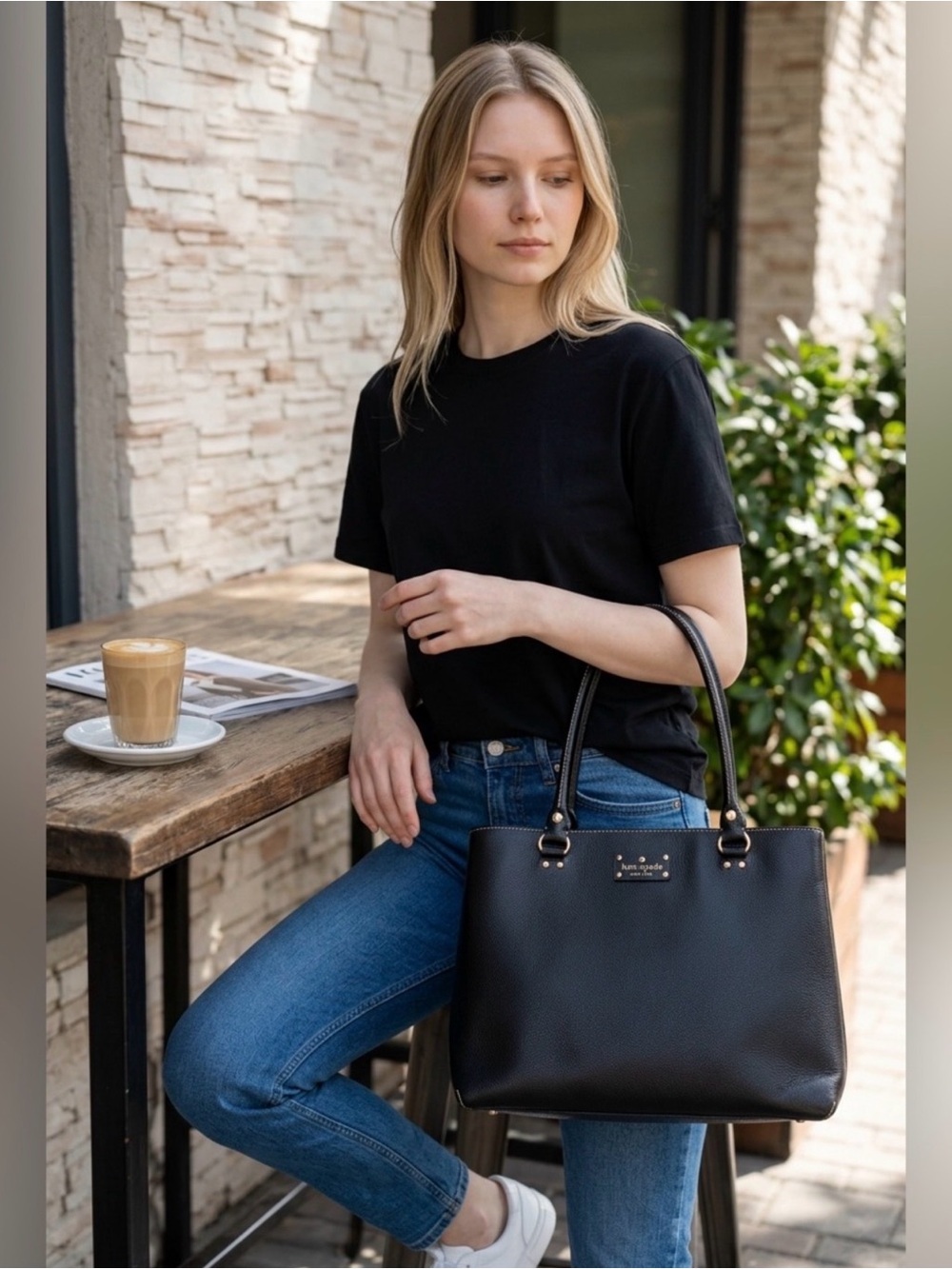 kate spade Black Leather Tote with Floral Scarf and Matching Wallet - Picture 5 of 17
